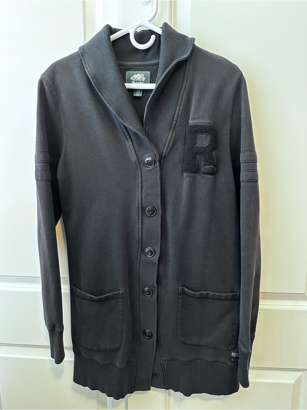 Roots Canada Women’s Sz. L Shawl Collar Button Sweatshirt Jacket - Black